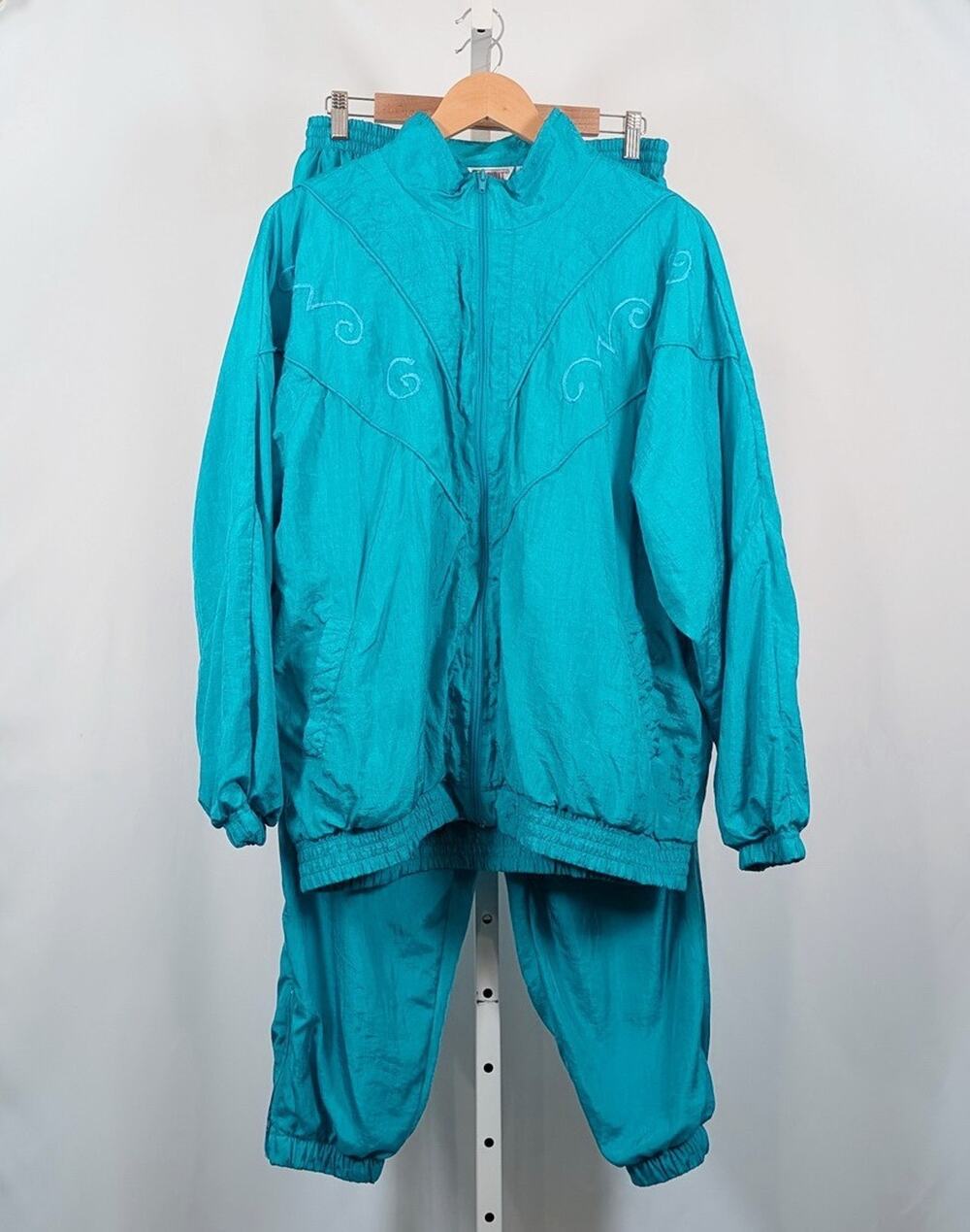 Vintage 90s Track Suit Aqua Blue Jacket Pants Wind Nylon Women's Size XL